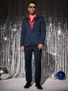 Manfinity VCAY 秋冬款年轻男士休闲日常修身长袖西装外套，黑色和蓝色 - 藍色 - 查看 5