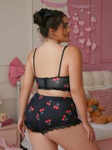 PetitDoll Plus Size Cherry Printed Contrast Lace Hollow Out Bra And Underwear Set, Lingerie - Black - View 2