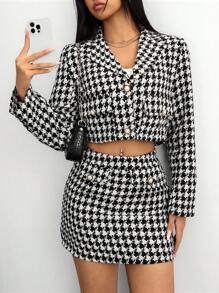 SHEIN Unity 2pcs Set: Elegant Houndstooth Cropped Jacket & A-Line Skirt, Spring Autumn - Black and White - View 3