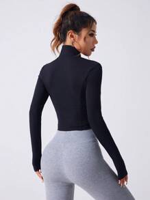 Women Spring/Autumn Solid Color Zipper Collar Long Sleeve Fitted Crop Jacket - Black - View 2