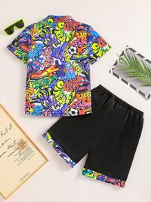 SHEIN 青少年男孩 2 件套 全身印花纽扣前衬衫和短裤 休闲时尚夏季服装 - 彩色 - 查看 2