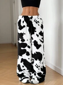 SHEIN EZwear Cow Print Plush Straight-Leg Pants, Casual Daily Wear