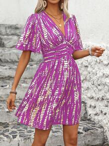 Breezaya Summer Casual Ruched Ruched Sleeve Allover Print Cinched Waist A-Line Dress - Mauve Purple - View 7
