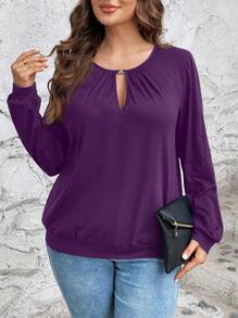 EMERY ROSE Plus Size Casual Crew Neck Long Sleeve Sweatshirt, Fall Winter Autumn - Purple - View 1