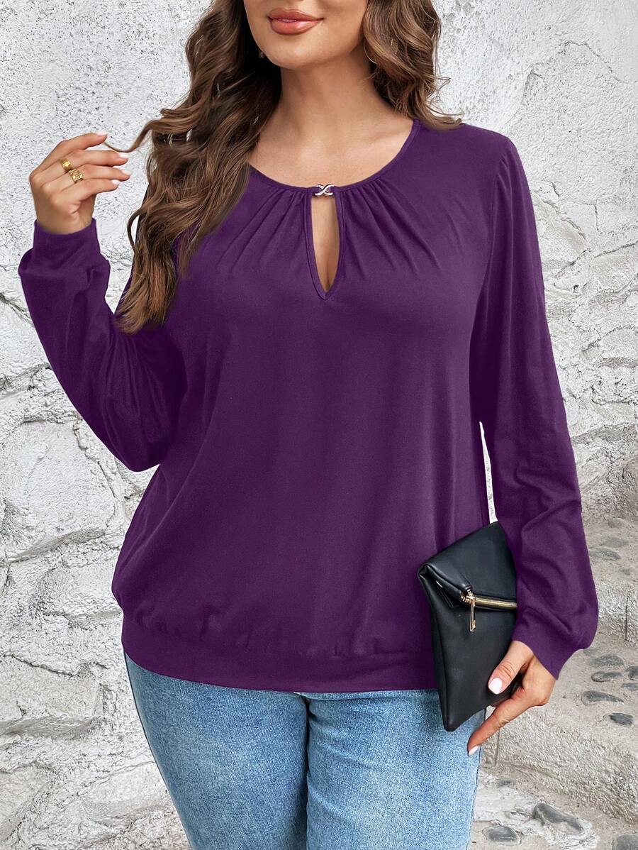 EMERY ROSE Plus Size Casual Crew Neck Long Sleeve Sweatshirt, Fall Winter Autumn - Purple - View 1