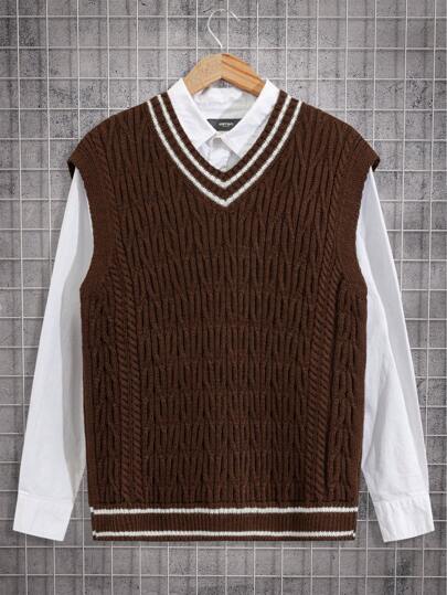 EURMUSE Men Cable Knitted V Neck Regular Sweater Vest