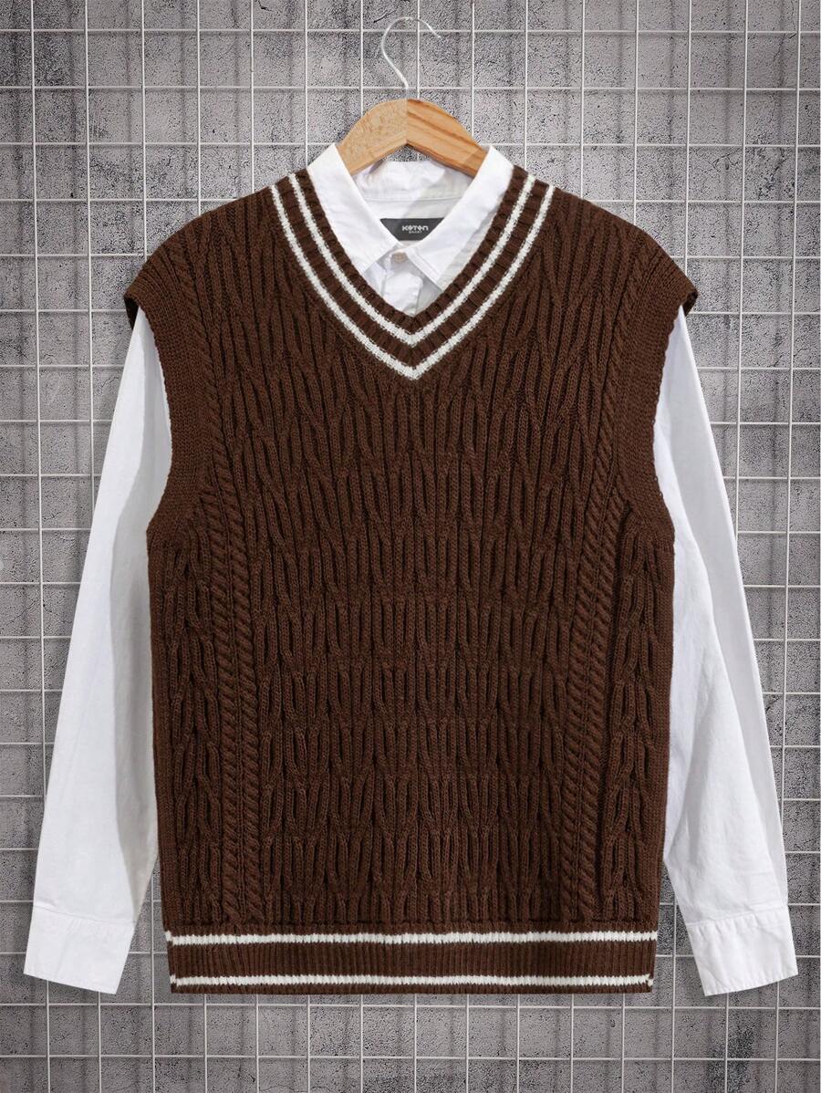 EURMUSE Men Cable Knitted V Neck Regular Sweater Vest - Brown - View 1