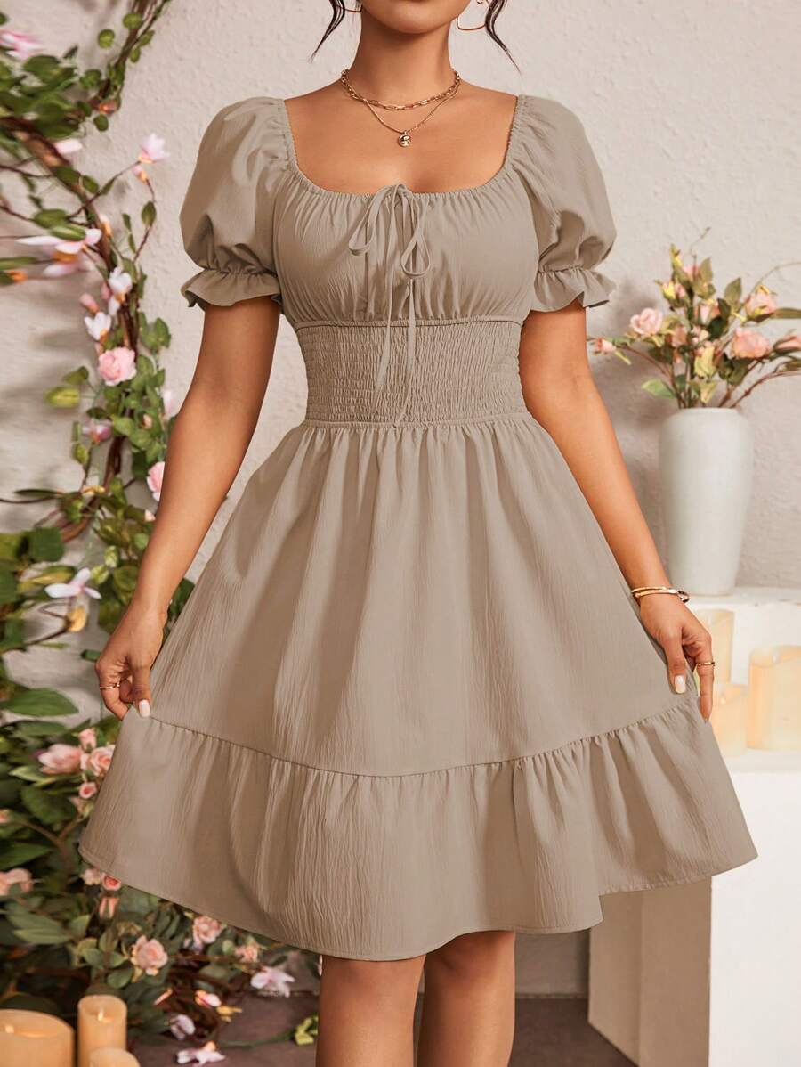 Chiquease Vestido mini de vacaciones para mujer con mangas abullonadas, cintura ceñida, frente atado y plisado de color liso