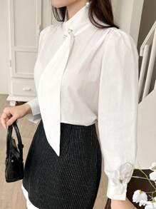 DAZY 女士纯色高领系带袖衬衫