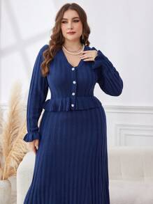 Modelyn Plus Size Elegant Solid V-Neck Long Sleeve Sweater Dress, For Winter