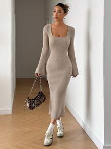 SHEIN EZwear Plus Size Women Square Neck Long Casual Knit Dress, Spring