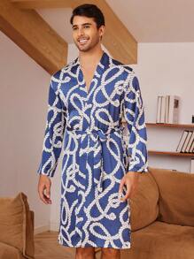 Men Rope Print Long Sleeve Robe Loungewear - Blue - View 5