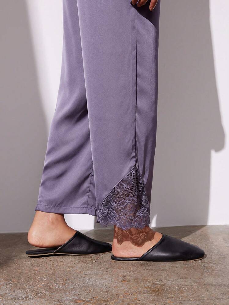 LUVLETTE طقم بيجامات طويل مزين بالدانتيل والساتان للنساء مجموعات ملابس منزلية للنساء ملابس نوم خريفية - الأرجواني - مشاهدة 7