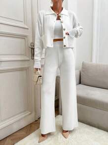 SHEIN Tall 高腰两件套服装，含开衫和针织裤，休闲装，纯色，适合冬季 - 杏色 - 查看 5