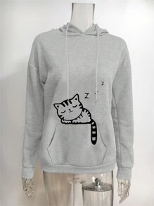 INAWLY Áo nỉ trùm đầu dài tay in hình mèo hoạt hình cho nữ, mùa thu/đông - Màu Xám nhạt - Xem 3