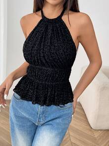 SHEIN EZwear Áo hai dây hở lưng lưới đen cho nữ - màu đen - Xem 7