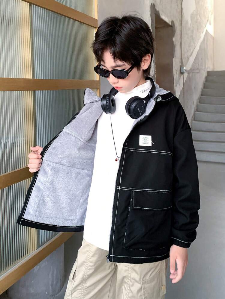 SHEIN Tween Boys Casual Loose Contrast Color Hooded Lining Jacket, Suitable For Commuting, School, Leisure, Sports, Autumn And Winter - Black - View 7