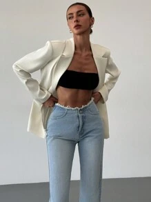 Aloruh Áo khoác blazer tay dài màu mơ phong cách Anh rộng rãi tối giản cho nữ - Màu be - Xem 7