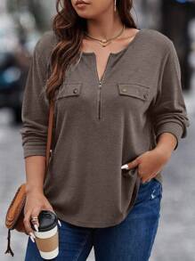 EMERY ROSE Plus Size Women Spring Autumn Solid Color Zip Half-Placket Long Sleeve Casual T-Shirt Fall Cloth For Women - Coffee Brown - View 1