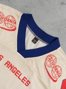 Manfinity EMRG Camiseta deportiva informal con cuello en V de manga corta con bloque de color y estampado de letra para hombres, para salir