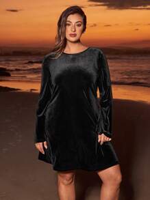 SHEIN VCAY Plus Size Elegant Casual Resort Party Backless Flare Sleeve A-Line Velvet Vintage Dress, Fall/Winter