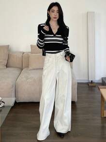 DAZY Women's Striped Collared Long Sleeve Business Casual Pullover Sweater