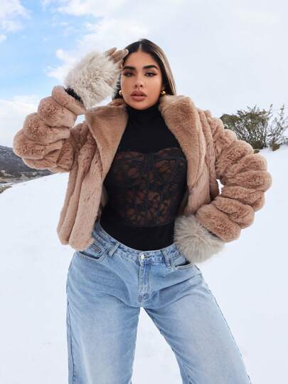 SHEIN SXY Warm Thick Luxury Elegant Short Ladies Fluffy Coat, Autumn Winter