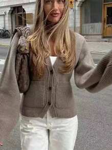 INAWLY Women's Solid Color Long Sleeve Cardigan With Pockets, Loose Casual, Autumn Winter Fall Cloth For Women