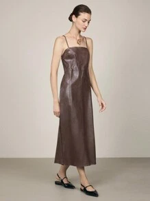 BizChic Women's Elegant Commuter Slip Dress In Leather, Christmas Outfit - Coffee Brown - View 4