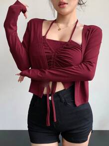 DAZY 女士纯色长袖开衫和露背抽绳无袖上衣两件套，秋季家居服套装 - 紅色 - 查看 9