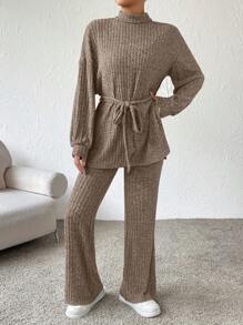 SHEIN Essnce 2 件套女士休闲宽松长袖上衣和裤子套装，秋季 - 摩卡棕 - 查看 4