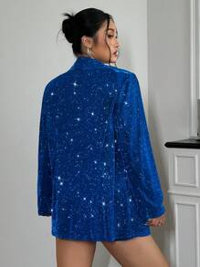 SHEIN EZwear 秋冬大码亮面缺口翻领单排扣西装外套和短裤套装 - 藍色 - 查看 7