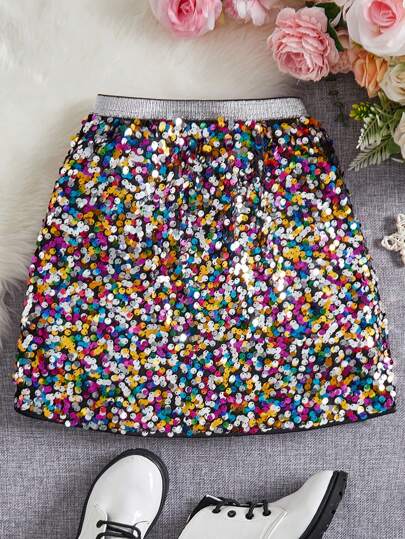 SHEIN Young Girl's And Young Girl's Sequin Decorated Party Skirt, Suitable For Autumn Party Wear, For Christmas
