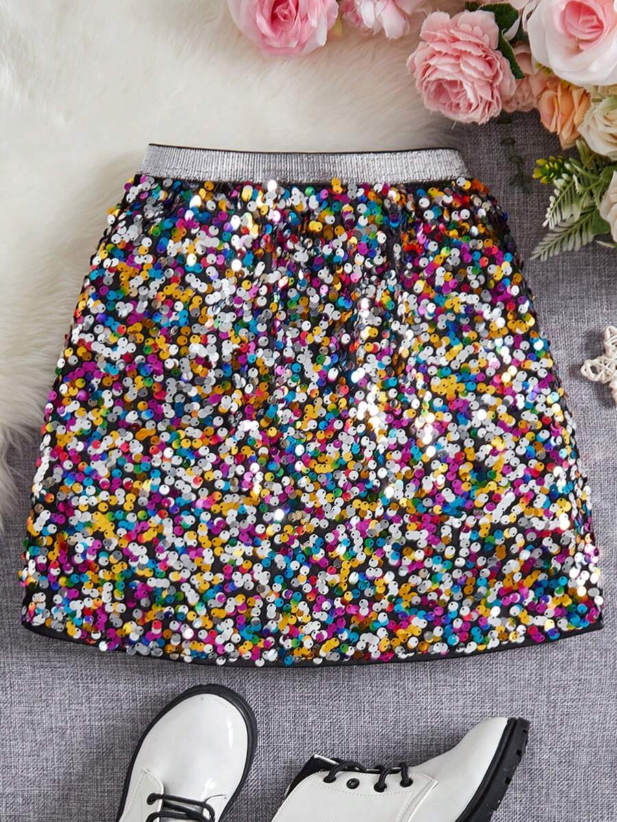 SHEIN Young Girl's And Young Girl's Sequin Decorated Party Skirt, Suitable For Autumn Party Wear, For Christmas