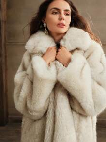 Anewsta 新款时尚仿狐狸毛长外套，女士奢华毛茸茸大衣，时尚外套，秋冬 - 米色 - 查看 7