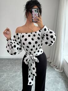 Selianne Women Off-Shoulder Polka Dot Allover Print Long Sleeve Jumpsuit Fall Cloth For Women - Black and White - View 7