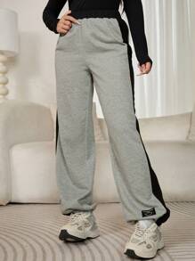 Mulvari Pantaloni casual pentru femei, culoare contrastantă, cu mozaic, design simplu