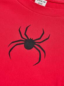 SHEIN Girlism 2pcs/Set Tween Girl  Casual Minimalist Spider Print Crew Neck Short Sleeve Fitted T-Shirt - Red - View 7