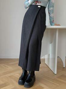 FRIFUL 女士纯色贴花开衩优雅半身裙