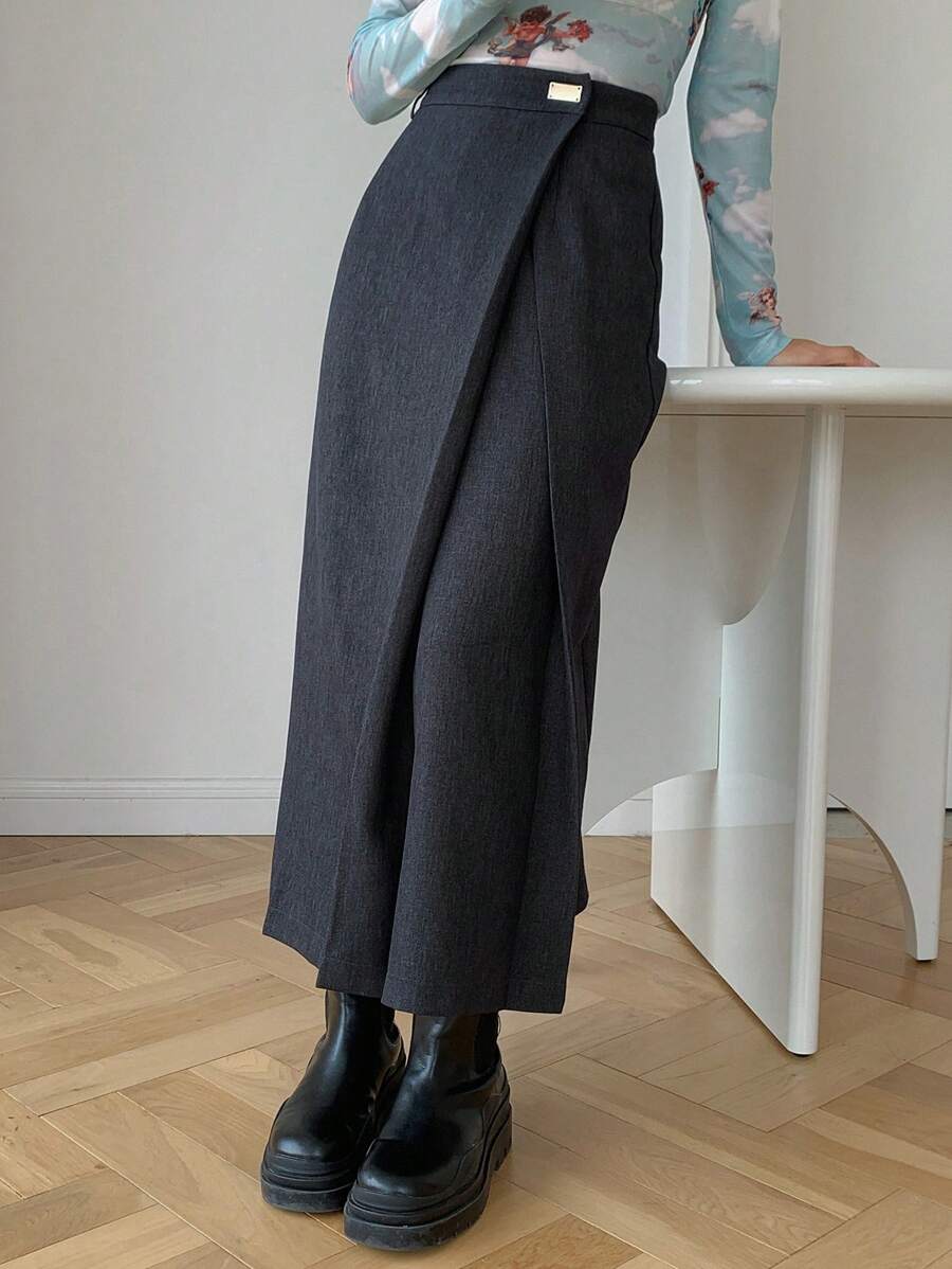 FRIFUL 女士纯色贴花开衩优雅半身裙