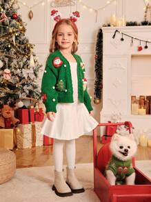 Young Girl And Young Girl Christmas Cardigans, Green, Decorative Snowball & Lantern Sleeves, High Quality, Casual, Elegant, Warm, Suitable For Christmas, Holiday, Family Gathering, New 2024 Knit Sweater, Autumn Winter - Green - View 7