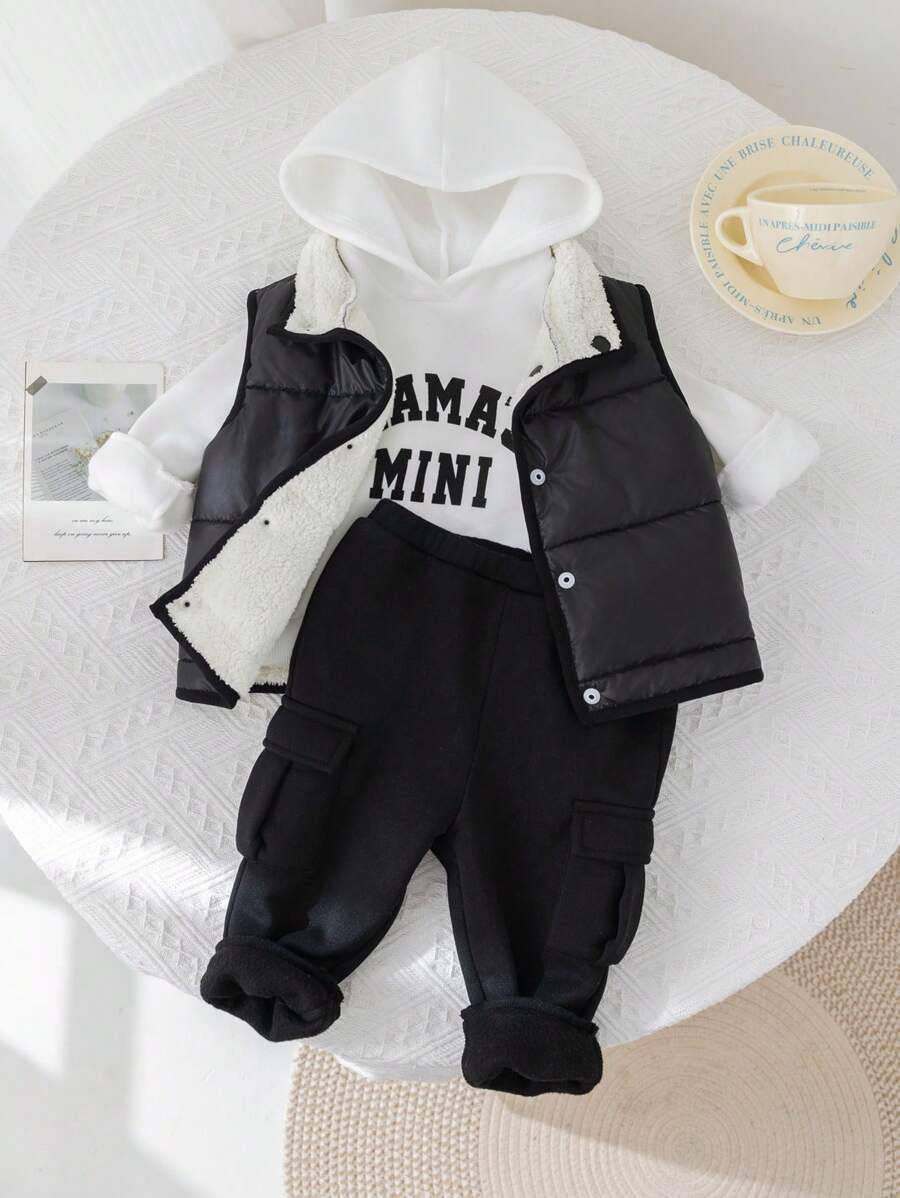 SHEIN Leap Crew Bộ trang phục ấm áp mùa đông 3 món cho bé gái - Áo khoác nỉ, áo nỉ có mũ trùm đầu và quần có họa tiết chữ - Đen và trắng - Xem 1