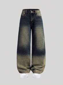 SHEIN Tween Girl Tween Girl Y2K Retro Washed High Waist Cat Whisker Washed Baggy Wide Leg Jeans,Tween Girl Fall Clothes Back To School Streetwear Outfits