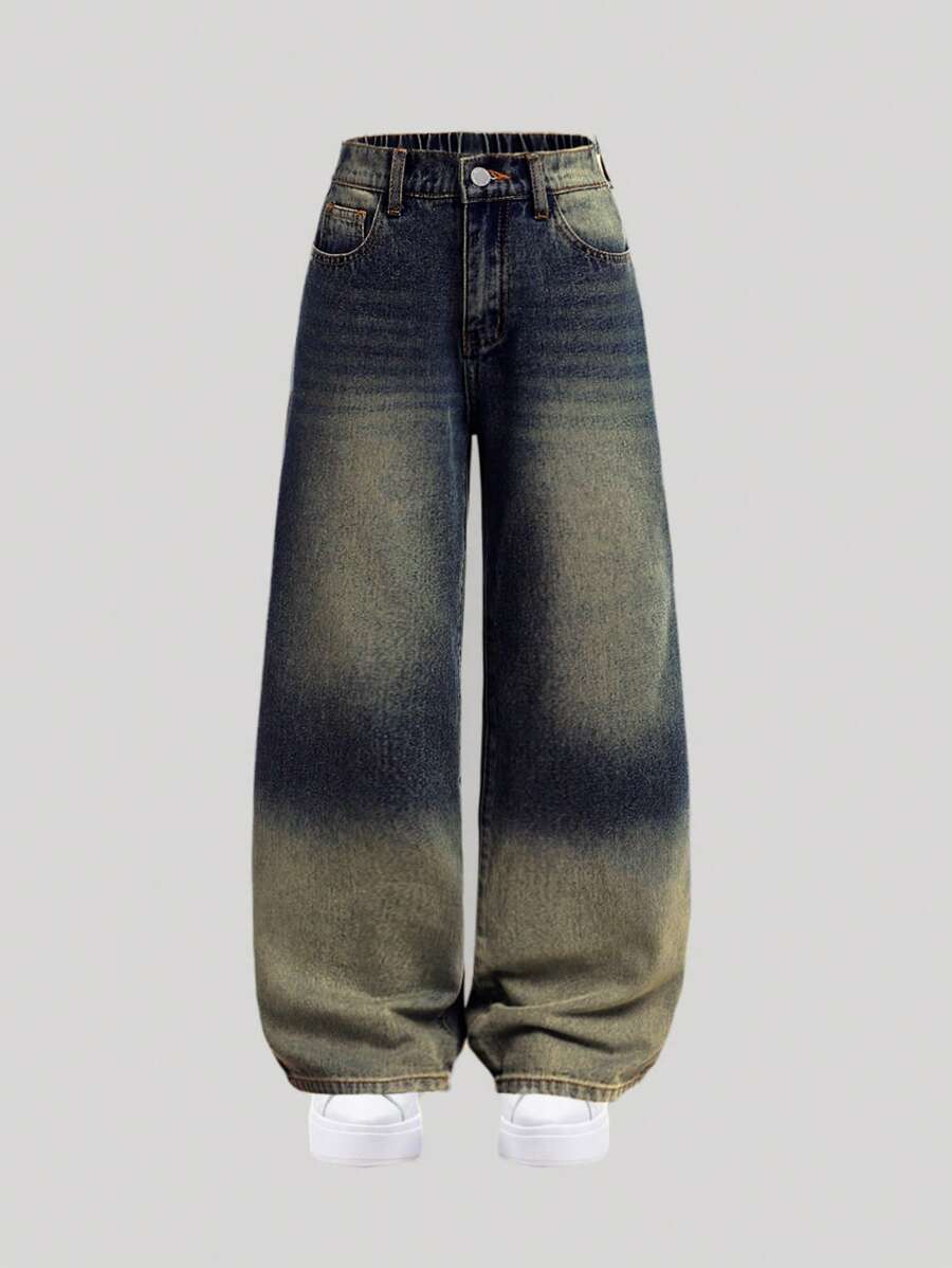 SHEIN Tween Girl Tween Girl Y2K Retro Washed High Waist Cat Whisker Washed Baggy Wide Leg Jeans,Tween Girl Fall Clothes Back To School Streetwear Outfits