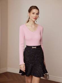 女士 V 领长袖珍珠装饰优雅毛衣，秋冬 - 粉色 - 查看 2