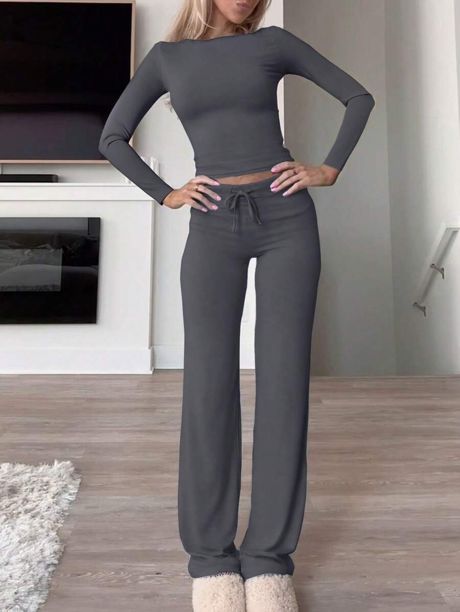 GAOVOT Women's Two Pieces Spring And Summer Y2K Sporty Gym Casual Home Solid Color Fitted Long-Sleeved T-Shirt And Drawstring Long Pants Set - Dark Grey - View 1
