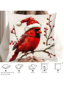 1 件圣诞红雀鸟抱枕套，现代风格，数码印花，单面，手洗，拉链短毛绒靠垫套节日装饰适用于沙发和各种房间 - 紅色 - 查看 3