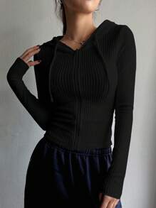 DAZY Women's Slim Fit Hooded T-Shirt, New Arrival Autumn Women Jacket,Fall Women Clothes - Black - View 4