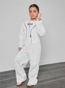 2 piezas Conjunto casual para niña (talla grande) blusa con capucha y pantalón de chándal blanco