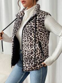 SHEIN Frenchy French Women's Leopard Print Sleeveless Quilted Puffy Warm Coat,Women's Leopard Print Sleeveless Quilted Padded Coat,Fall Women Clothes,Leopard Costume,Winter Clothes,Winter Clothes,
